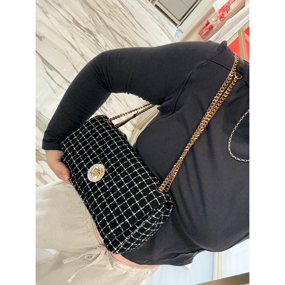 Versace black white tweet fabric leather flap bag - Picture 2 of 8